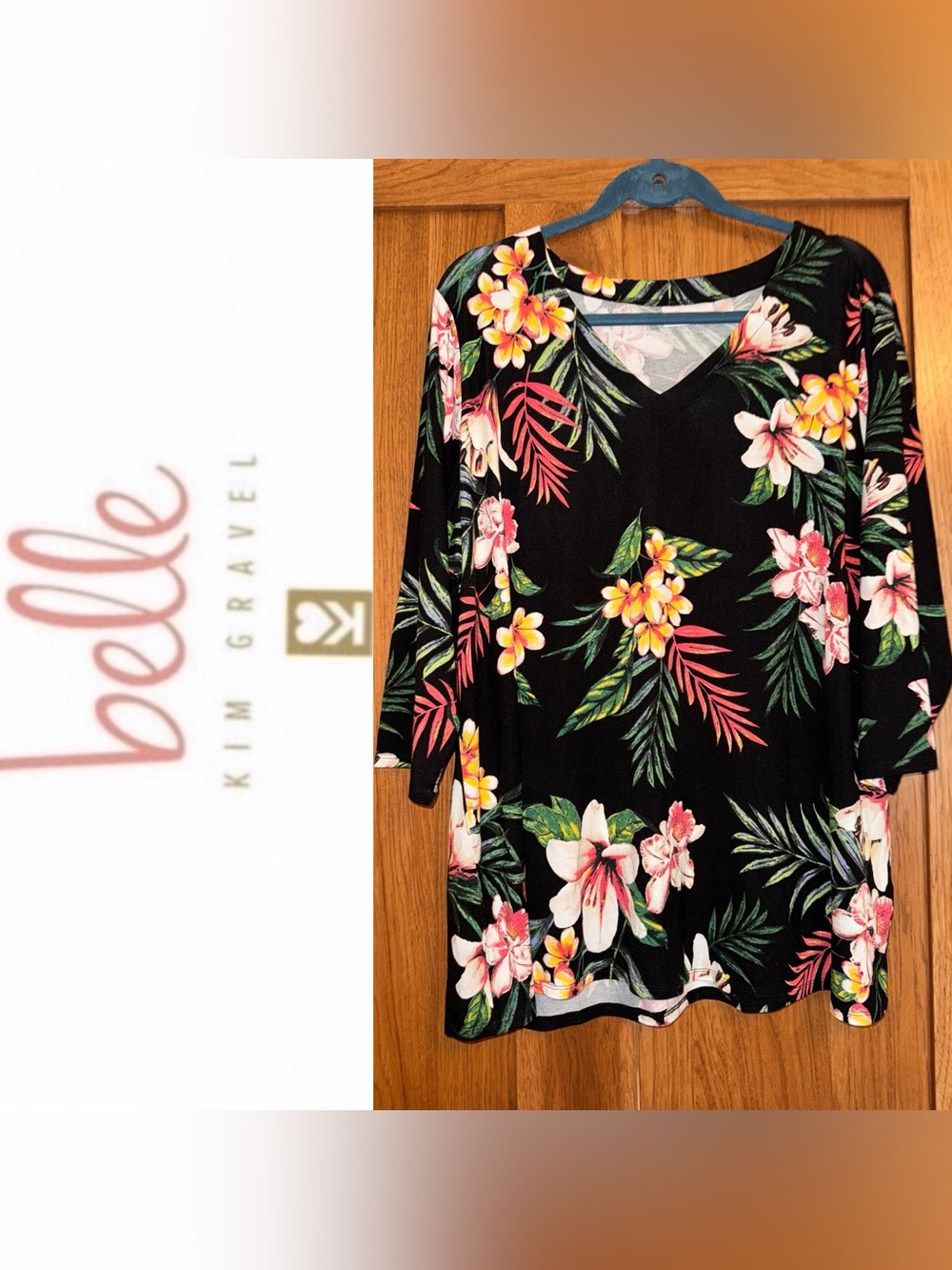 EUC Belle by Kim Gravel 1X 3/4 Sleeve Tropical Print Top